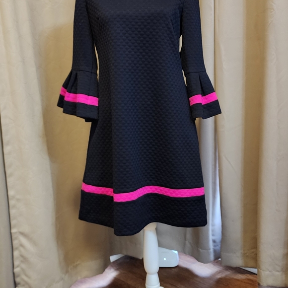 Eliza J Navy Dress with Pink Accents And Belle Sleeves - Picture 2 of 4